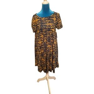Lularoe Carly XS blue gold high low leaf pattern short sleeve round neck